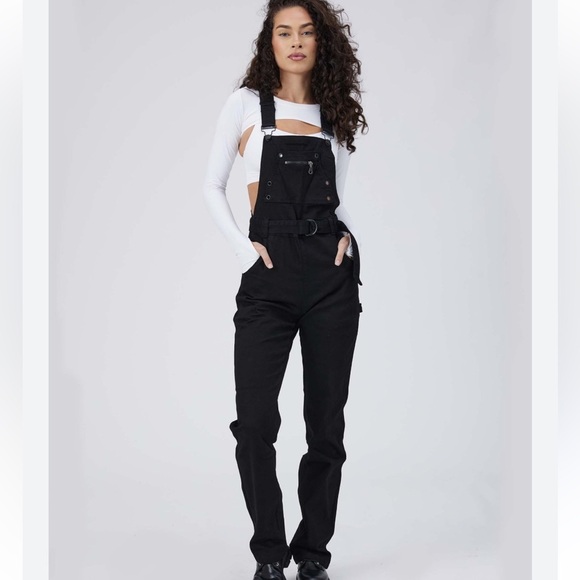 New BuffBunny Over It Alls Black Stretch Cotton Straight Leg Overalls Size S - Picture 3 of 16